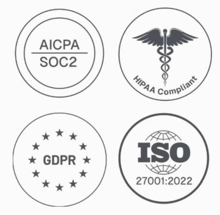 Badges for AICPA SOC 2, HIPAA, GDPR, and ISO 27001:2022