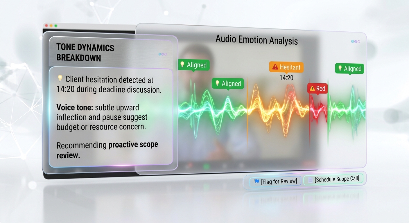 Audio emotion analysis highlighting client hesitation and tone changes