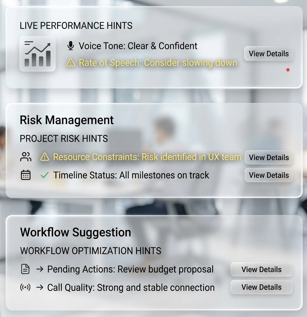 Live performance hints and project risk insights during a meeting